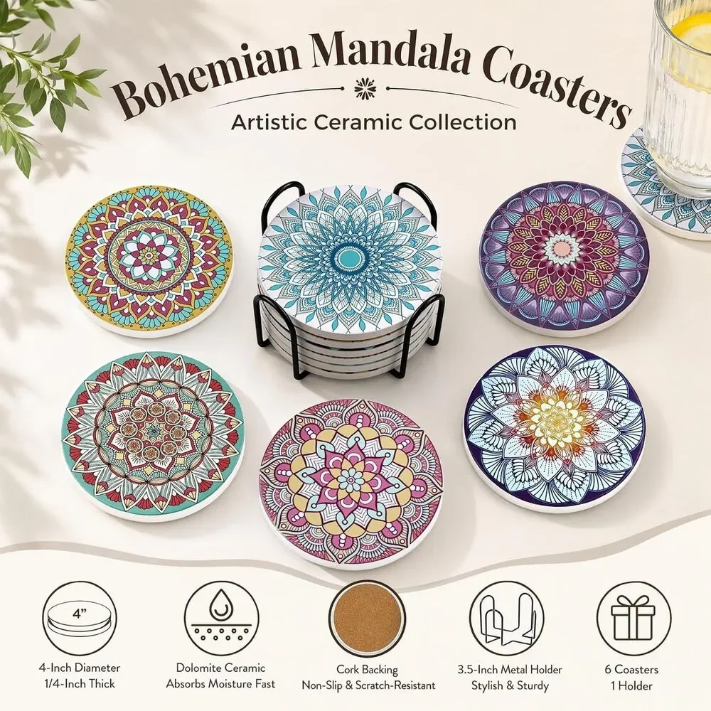 Ceramic Drink Coasters Set of 6 Absorbent Mandala Cork Holder Table Protector